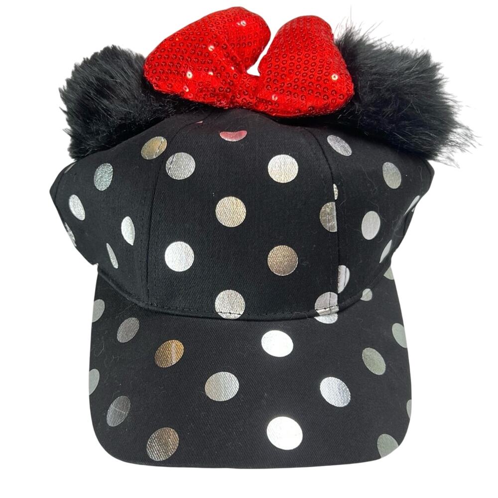 Disney Parks Minnie Ears Cap Adult Black Hat Adjustable Pom Pom Polka Dot NEW